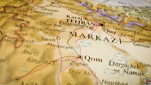 Tehran, iran destination highlighted on paper map with gliding camera view Stock Footage 340106606