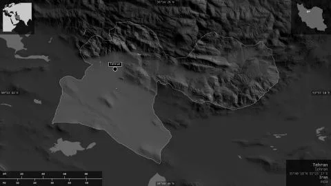 Tehran, Iran. Grayscaled map with lakes and rivers Stock Illustration