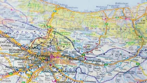 Tehran Iran map closeup capital city geopolitical focus Stock Footage 331413207