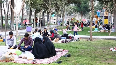 Tehran, Iran - March 27, 2018: Iranian travelers living in tents on the beach at 스톡 동영상 106941723