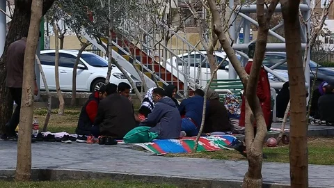 Tehran, Iran - March 27, 2018: Iranian travelers living in tents on the beach at 스톡 동영상 106941939