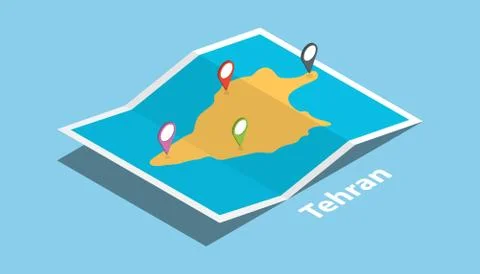 Tehran iran province explore maps with isometric style and pin location tag o Stock-Illustration