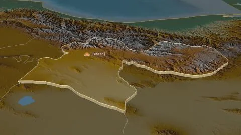 Tehran, Iran. Topographic relief map with surface waters Stock Illustration