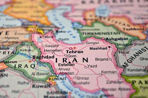 Tehran Iran on World Map Close Up Macro Defocused Background Geographic Image Stock Photos
