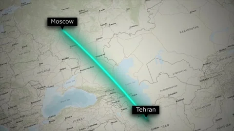 Tehran to Moscow Flight Route Map Animation on World Map Background Stock Footage 329064223