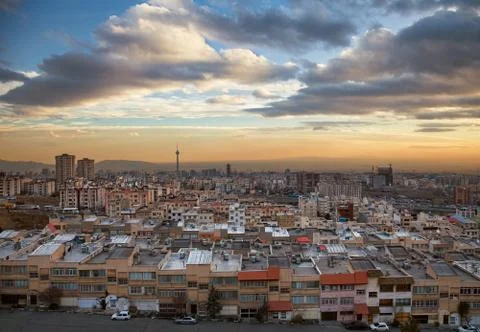 Tehran Skyline During Sunset with Dramatic Clouds Stock Photos
