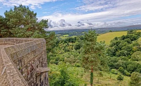 Teign Gorge Valley View from Castle Drogo Ramparts Devon Foto stock
