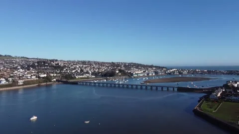 Teignmouth, Devon: Drone View, Zoom In: River Teign bridge &amp; Teignmouth town Stock Footage 168567644