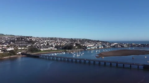Teignmouth, Devon, England: Drone View: River Teign bridge and estuary Stock Footage 168571030