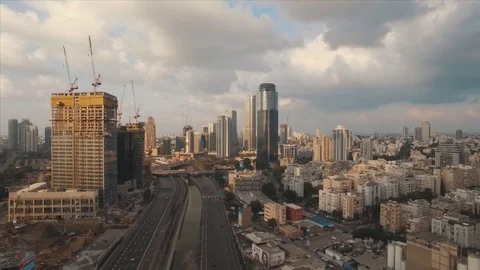 Tel Aviv Aerial View, Fly Over The Tel Aviv And Ramat Gan At Sunset 스톡 동영상 80906179