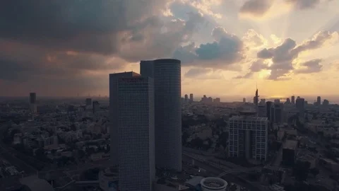 Tel Aviv Aerial View, Fly Over The Tel Aviv And Ramat Gan At Sunset 스톡 동영상 80948880