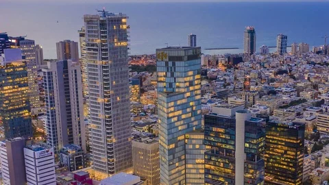 Tel Aviv city center day to night aerial hyper lapse 4k Stock Footage