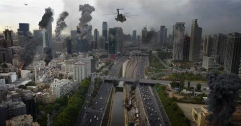 Tel Aviv City Under attack in war aerial view Illustration Stock Illustration