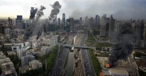 Tel Aviv City Under attack in war aerial view Illustration Stock Illustration