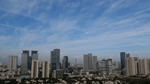 Tel aviv, Fast moving clouds, Tel Aviv buildings 库存影片 124682899
