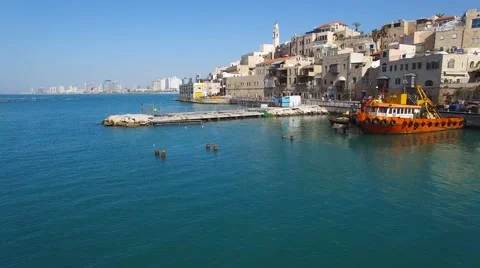 Tel Aviv - Jaffa, Aerial footage moving in from the mediterranean sea Stock Footage