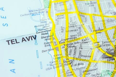 Tel Aviv Map Closeup, Tel Aviv Yafo Israel Coastal City Stock Photos