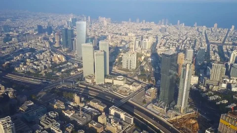 Tel Aviv skyline - Aerial footage of Tel Aviv's center with Ayalon freeway Stock Footage