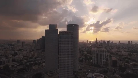 Tel Aviv Skyline Aerial View, Tel Aviv And Ramat Gan At Sunset,  Orbit Flight   Video stock 80897804