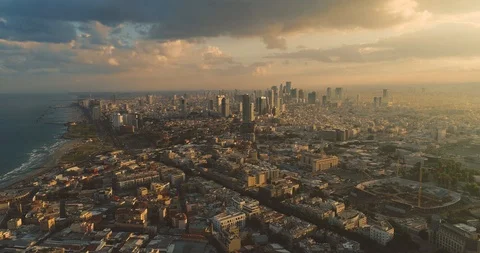 Tel Aviv Skyline from Drone. Aerial shot long super wide morning view Stock Footage