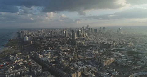 Tel Aviv Skyline from Drone. Aerial shot long super wide horizon view Stock Footage