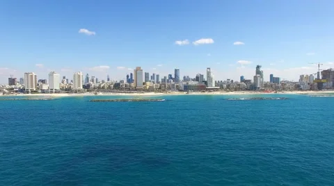 Tel Aviv skyline - Moving in from the mediterranean sea, Aerial footage Stock Footage