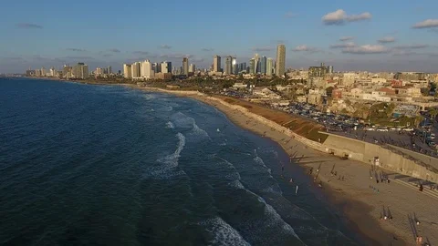 Tel Aviv Skyline - Moving In From The Mediterranean Sea, ISAREL Stock Footage 90166461