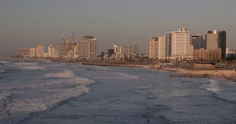 Tel Aviv Skyline - Moving In From The Mediterranean Sea, Aerial Footage Stock Footage 101346850