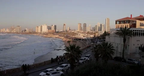 Tel Aviv Skyline - Moving In From The Mediterranean Sea, Aerial Footage Stock Footage 101346872