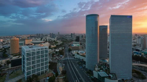 Tel Aviv Skyline At Sunrise Stock Footage