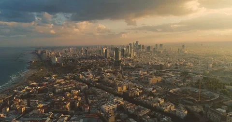 Tel Aviv Skyline Sunset Drone. Aerial shot long super wide horizon view Stock Footage 99072842