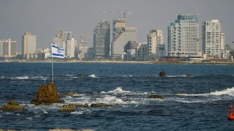 Tel Aviv view from water side with Israel flag close Video stock 86243934
