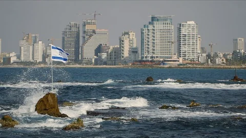 Tel Aviv view from water side with Israel flag close Video stock 86244252