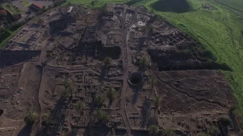 Tel Megiddo - Grain silo and other excavations (Israel aerial footage) Stock Footage 67670100