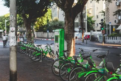 Tel-O-Fun bicycle-sharing docking station on a street in Tel Aviv, Israel Stock Photos