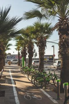 Tel-O-Fun bicycle-sharing docking station on the promenade in Tel Aviv Foto stock