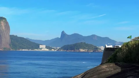 A tele view of Rio de Janeiro from Niteroi with Sugarloaf and Christ the Rede Stock Footage 201373933