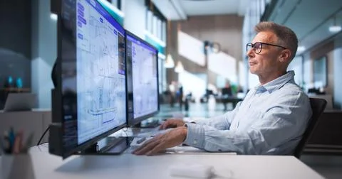Telecom Engineer Analyzes Fiber Optic Routes, Mapping Network On Computer. Stock Photos