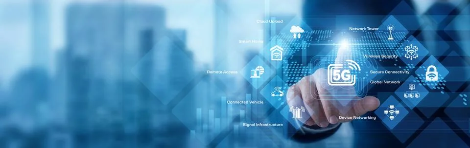 Telecom engineer analyzing digital data pointing hand at 5G Technology syst.. Stock Photos
