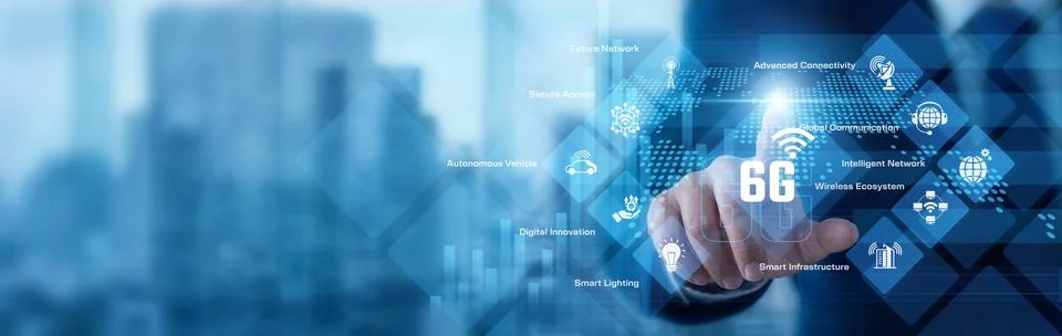 Telecom engineer analyzing digital data pointing hand at 6G Technology syst.. Stock Photos