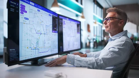 Telecom Engineer Carefully Plans Fiber Network Routes Stock Footage 343883822