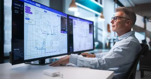 Telecom Engineer Examines Fiber Optic Network Routes Using Mapping Software. Stock Photos