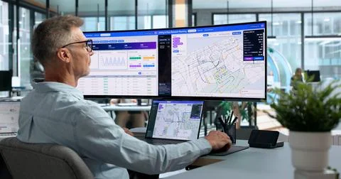 Telecom Engineer Uses Laptop To Optimize Fiber Network Design In City. Stock Photos