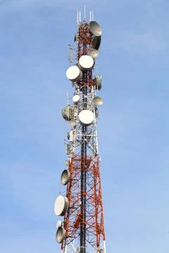 Telecom tower with many satellite Foto stock