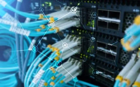 Telecommunication concept with abstract network structure and server room bac Stock Illustration