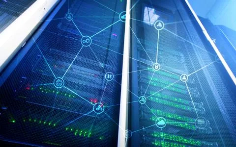 Telecommunication concept with abstract network structure and server room bac Stock Photos