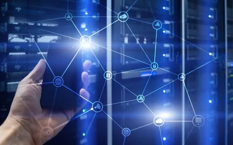 Telecommunication concept with abstract network structure and server room bac Stock Photos