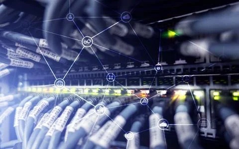 Telecommunication concept with abstract network structure and server room bac Stock Photos