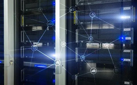 Telecommunication concept with abstract network structure and server room bac Stock Photos