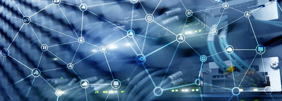 Telecommunication concept with abstract network structure and server room bac Stock Photos